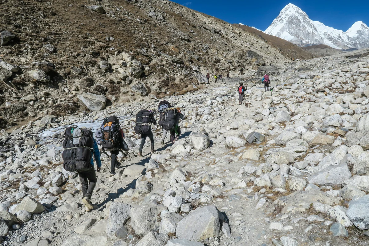 A precarious serac in the Khumbu Icefall posing risks to climbers A precarious serac in the Khumbu Icefall posing risks to climbers